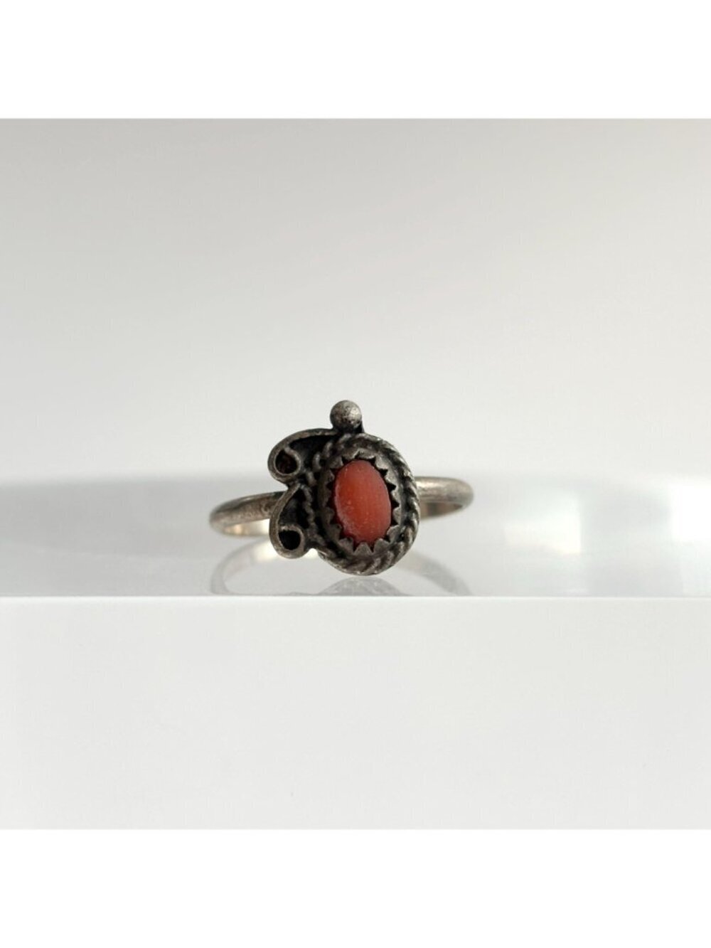 Coral Accented Navajo Inspired Southwest Sterling Silver 925 Vintage Ring - sz 5 - Picture 2 of 15
